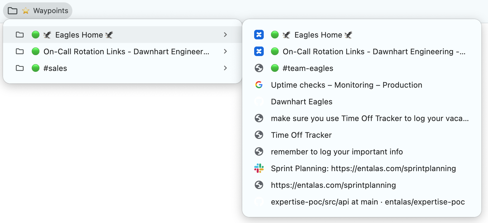 Browser bookmarks toolbar with organized bookmark folders