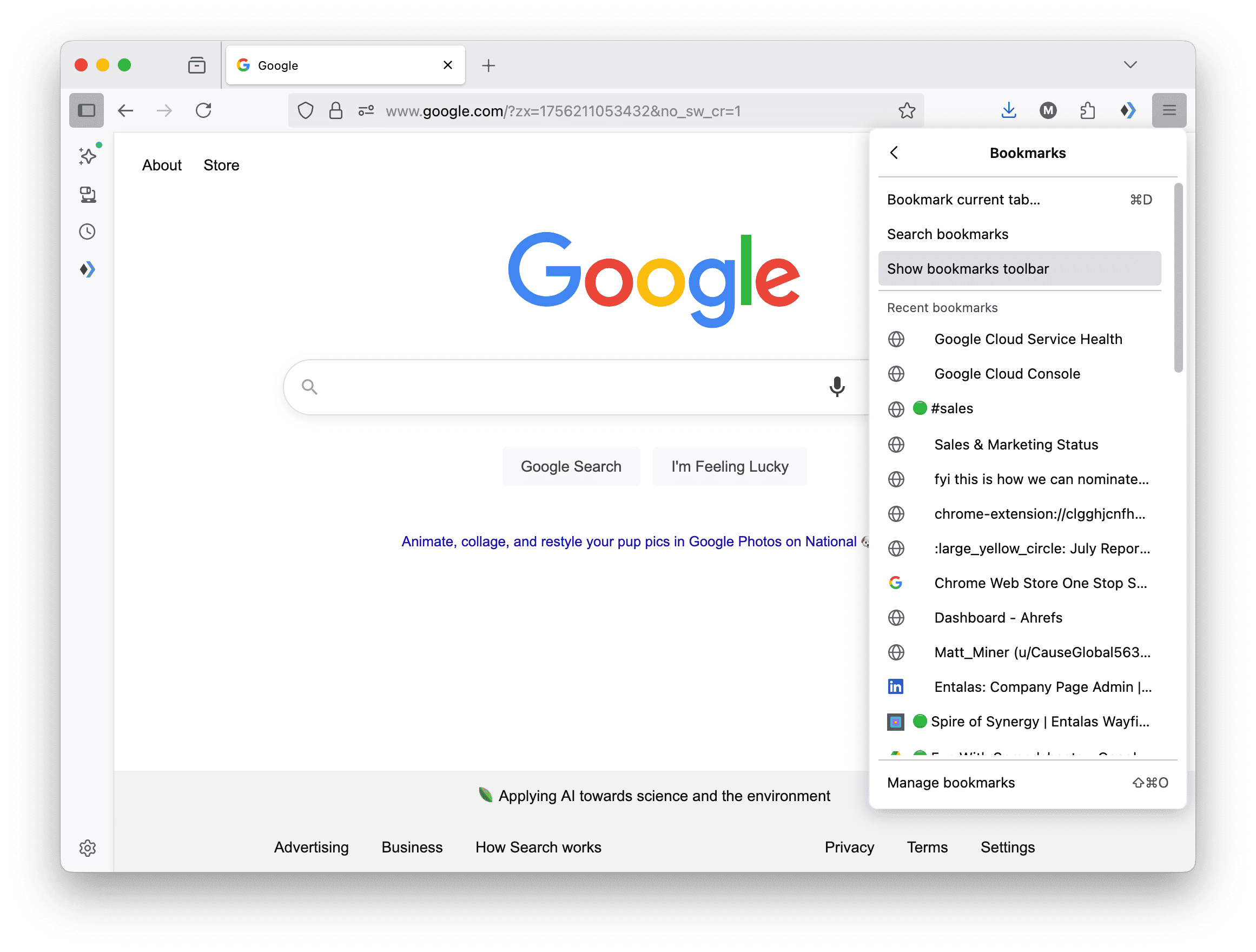 Firefox with bookmarks toolbar visible