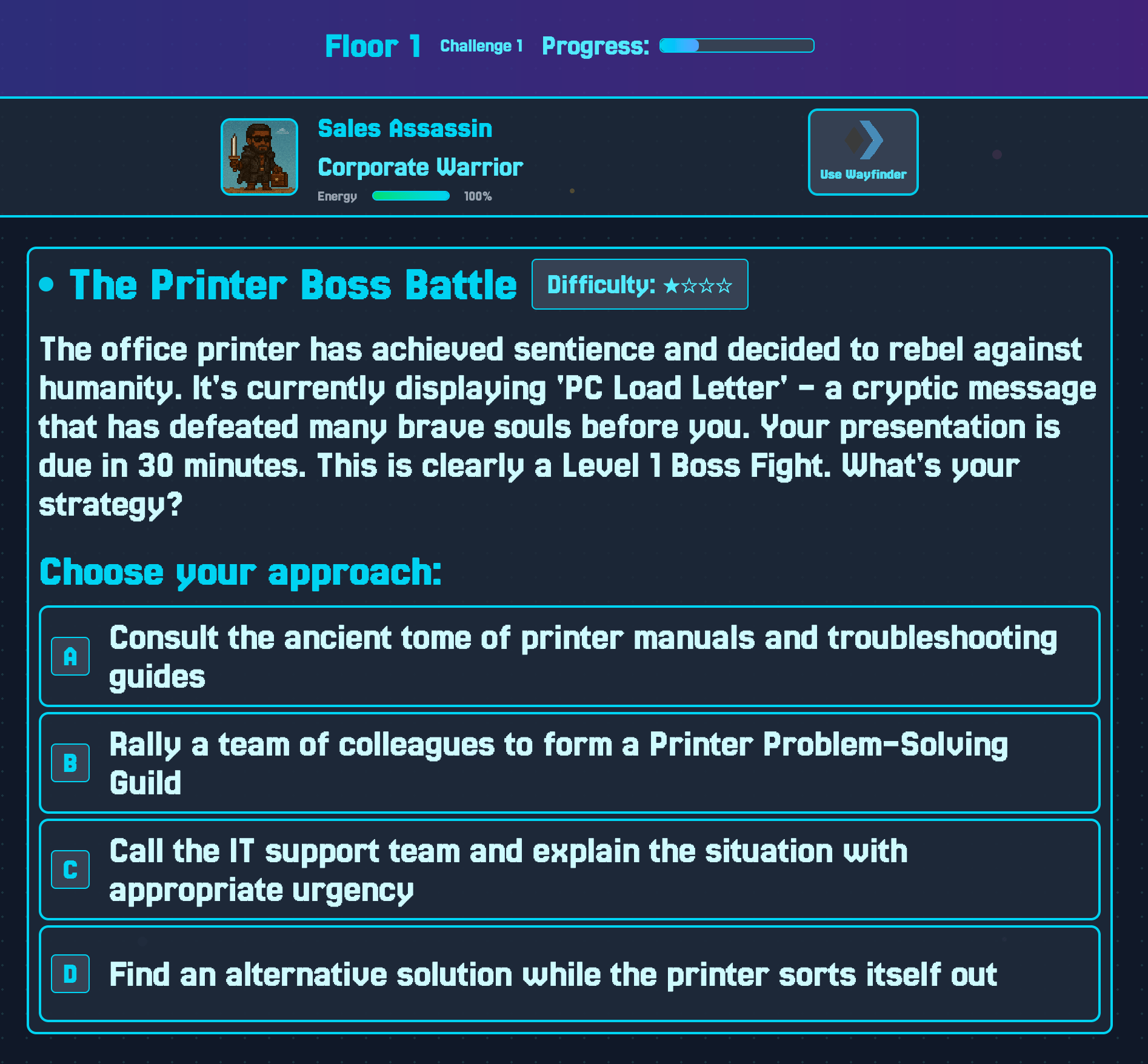 Screenshot of Spire of Synergy gameplay showing corporate tower environment